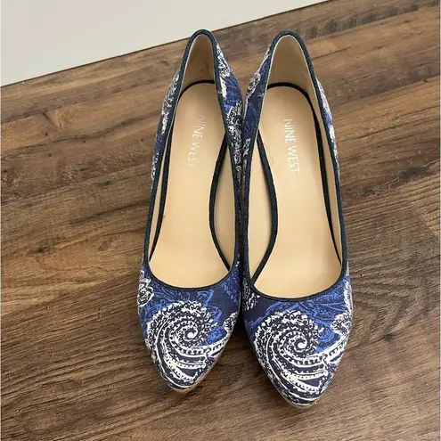 Nine West Blue Paisley Textile Plateauo High Heel Cork Stiletto Pump Shoes 6.5