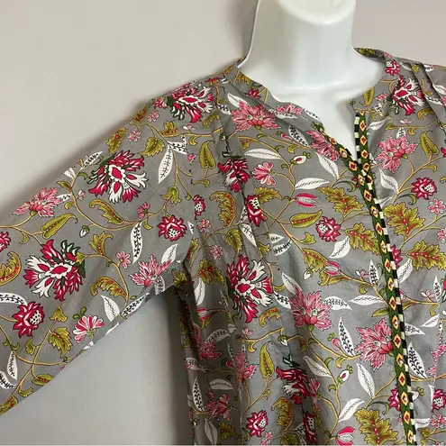 Sapphire Tunic Top Beaded Floral Pakistan Gray Long Sleeve Drawstring Cotton Med