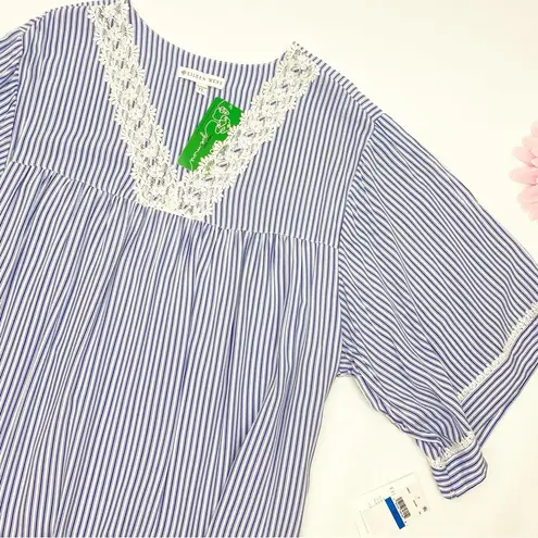 Eileen West Lace Trim Caftan Nightgown Swim Cover Poolside Beach Nautical Stripe Blue Size XL