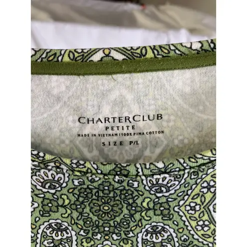 Charter Club Petite Green Paisley Print 100% Pima Cotton Short Sleeve Top