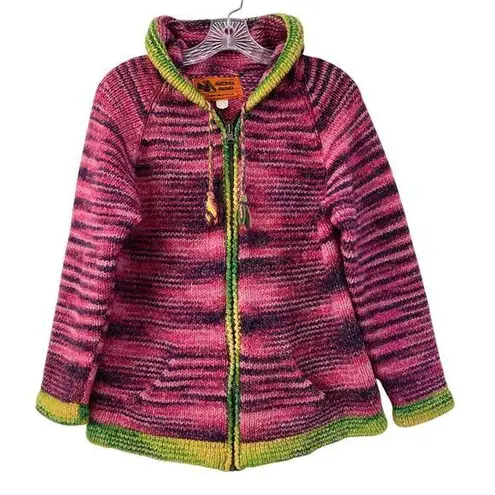Hand Knitted Woolen Full Zip Hooded Sweater Jacket Womens Natives Hands Colorful Pink Size M