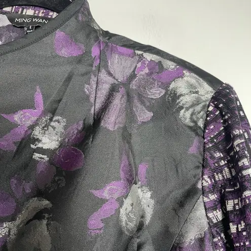 Ming Wang Jacket Cardigan Size Large Black Purple Floral Knit Clasp Closure Work
