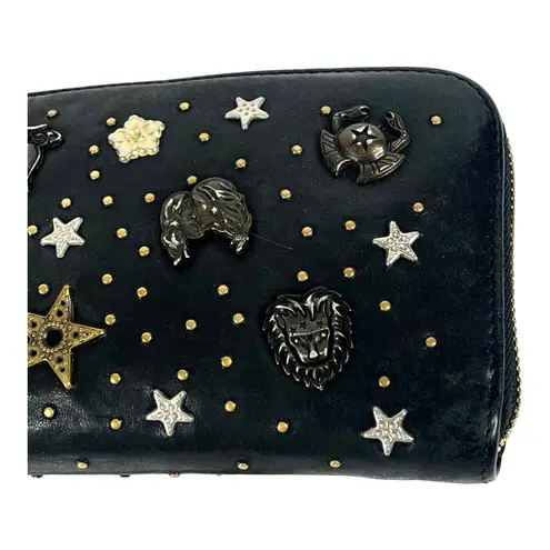 Jimmy Choo Long Wallet Zodiac Studded Zip Black Leather Clutch Purse Authentic
