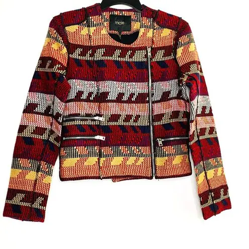 Maje Aztec Moto Jacquard Jacket Asymmetric Zip Front Sz 38 Medium Quiet Luxury