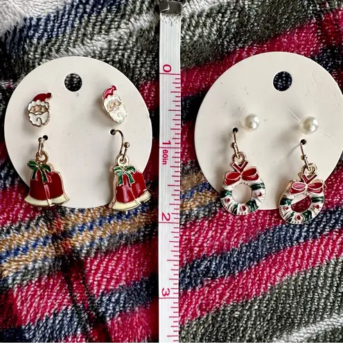 Festive Red and Green Holiday Earrings Set Santa Bell Wreath Pearl Dots