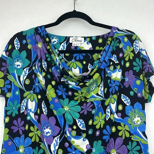 Chaus Floral Top Cowl Neck Short Sleeves Stretchy Material Sz S Purple