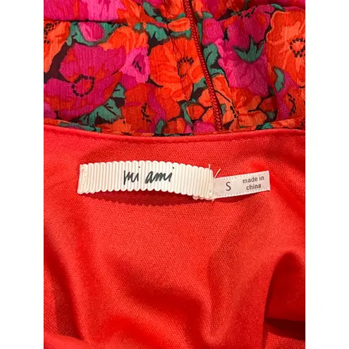 Mi Ami Red Floral Flounce Dress Junior Size S Belted Long Sleeve Lightweight