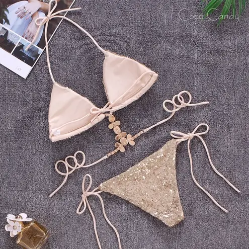 🆕Diamond Gold Crystal Rhinestone Sequin Bikini Size M