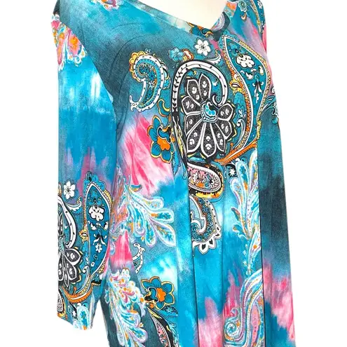 Simply Obsessed Paisley Print Teal and Pink Women's Top Blue Size L