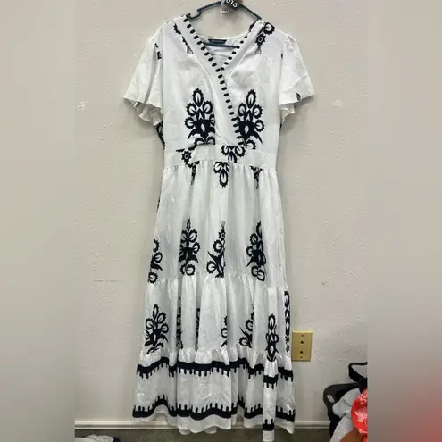 Pretty Garden Elegant White & Black Embroidered Boho Cowgirl Cottagecore Dress L - Image 3
