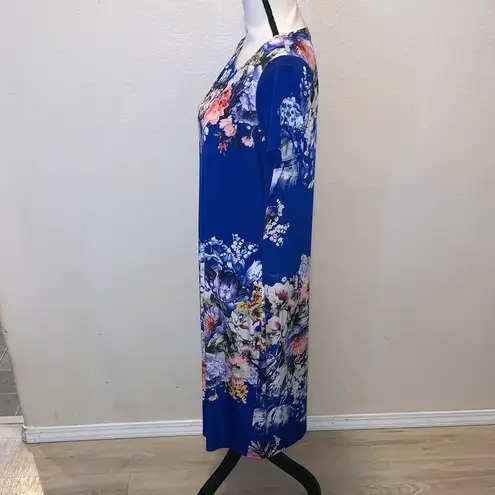 Bellamie Blue Floral Short Sleeve Dress Stretchy Midi Boutique Made in USA