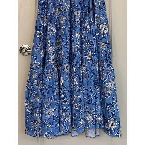 Christian LaCroix Blue Floral Linen Tiered Maxi Dress Boho Tie Front Smocked L