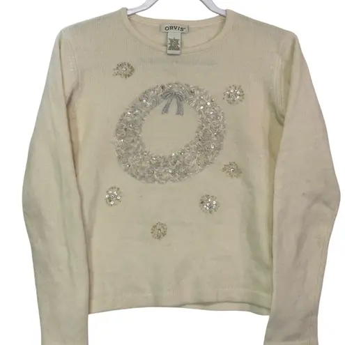 Orvis Cream Wreath Sequin Embellished Christmas Sweater Size S Lambswool Angora