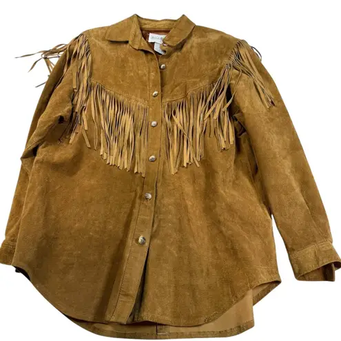 Vintage JH Collectibles Suede Leather Fringe Western Shirt Jacket Size 10 Brown