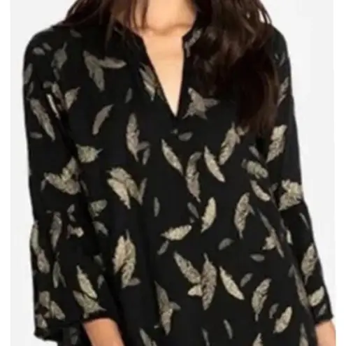 Johnny Was Silk-Blend Dress with gold feather print w/ velvet bottom NWT