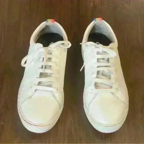 White Sneakers Size women 8.5 Rainbow trim on low top white sneakers Silver
