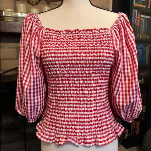 Vine & Love Red & White Gingham Milkmaid / Picnic / Puff Sleeves Top - Small