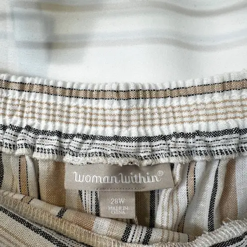Woman Within Plus Size 28W Linen Pants Striped Elastic Waist Pull On Tan 1710