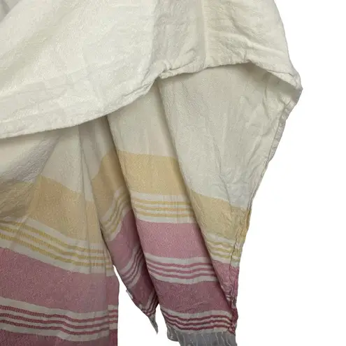 Tribe Alive Handmade Cotton Stripe Fringe Kaftan Poncho in Ivory/Pink OS