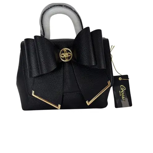 Grosee Black Faux Leather Top Handle Bow Accent Satchel Bag