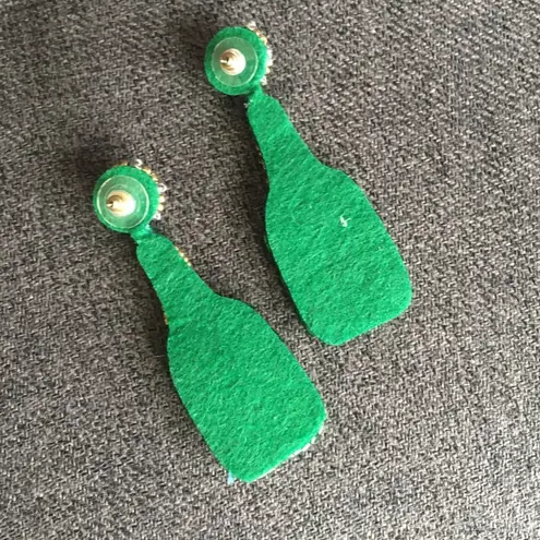 Felt Fabric Rhinestone & Sequin Champagne Bottle Shamrock Earrings, Green, Gold Green