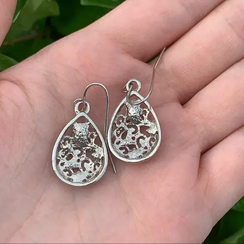 Silver Teardrop Shaped Dangly Earrings w/ Rhinestones