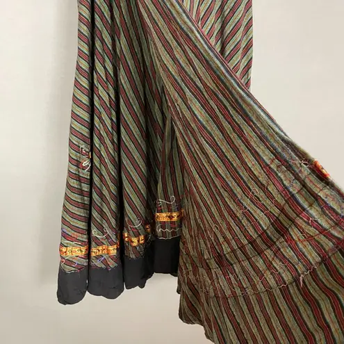 Striped Wrap Skirt Floral Embroidery Boho Flowers Ribbon Tie Waist Green Red Size undefined