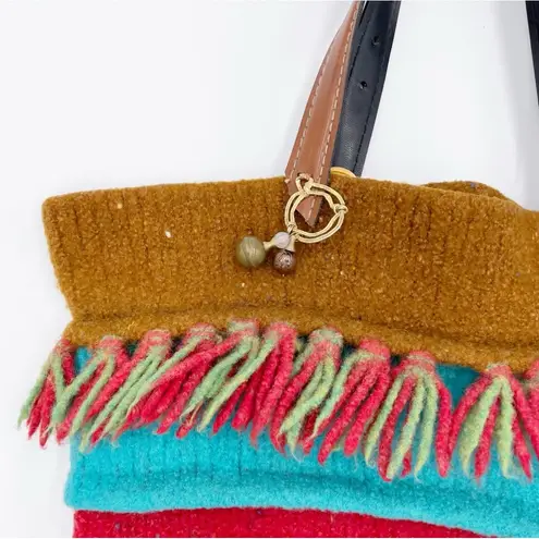 Vintage Wool Fringe Colorful Striped Bucket Tote Bag Purse Bohemian Southwestern Brown