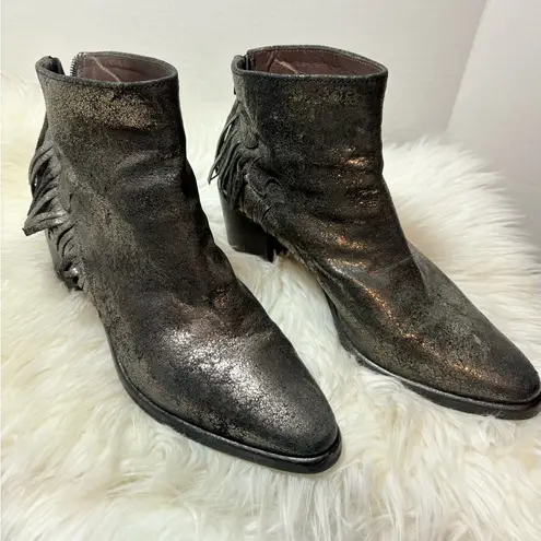 GIANLUCA TOMBOLINI Silver Metallic Leather Fringe Ankle Boots Size 9.5