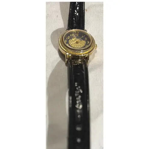 Milan Vintage Gold Tone Black Leather Band Moon Phase Dial Ladies Watch MLN786