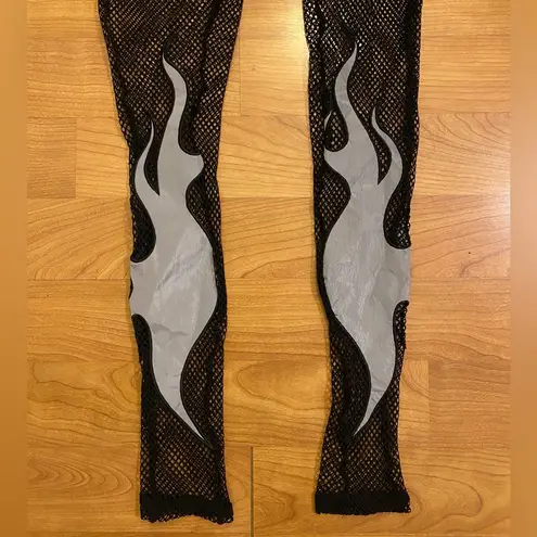 None Reflective Flame Fishnet & Black Faux Leather Festival Bottoms