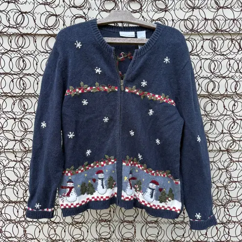 VTG 90s Croft & Barrow Blue Christmas Snowmen Farm Rustic Cabincore Cardigan LG