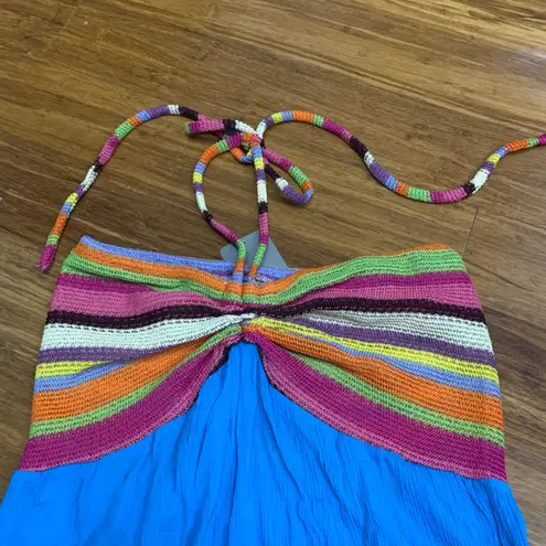 Sacred Threads Dress Halter Blue Multicolor Striped Sleeveless Summer Beach M