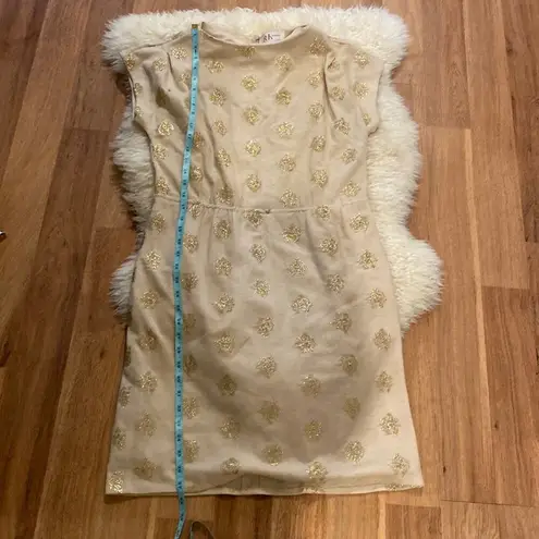 R & K Originals Vintage Short Cap Sleeve Midi Dress Tan & Gold Threaded Sz Small