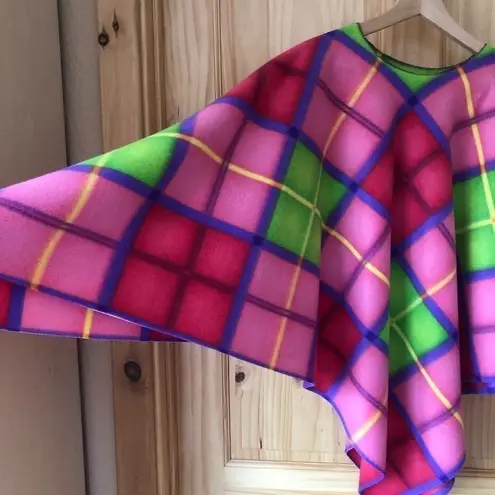 Bright multicolored plaid fleece handmade poncho & scarf set OS Size undefined