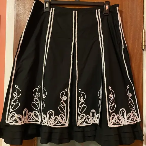 Boston Proper Women Black Creme Embroidered Box Pleat Flare Skirt NWOT-8