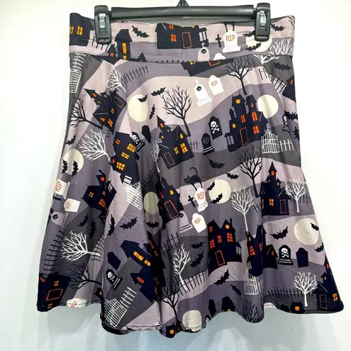 Halloween Haunted Houses Graves Cats Bats Skull Print 100% Cotton Mini Skirt XL Gray