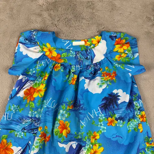 Vintage Made in Hawaii Aloha Dress Floral Print Island Cruise Dress Size L Blue Size L