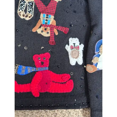 Vintage Susan Bristol Teddy Bear Applique Black Knit Cardigan Sweater Petite Size undefined
