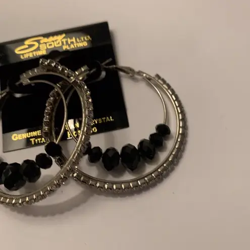 Silver Tone Hoop Earrings Pierced NWT Genuine Austrian Crystal Titanium Plating