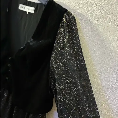 ZARA  Black With Gold Glitter Sheer Mini Dress With Velvet Vest In S