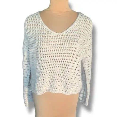 None Oatmeal Cream Crochet Cropped Knit Open-Weave Vneck Oversized Pullover Sweater