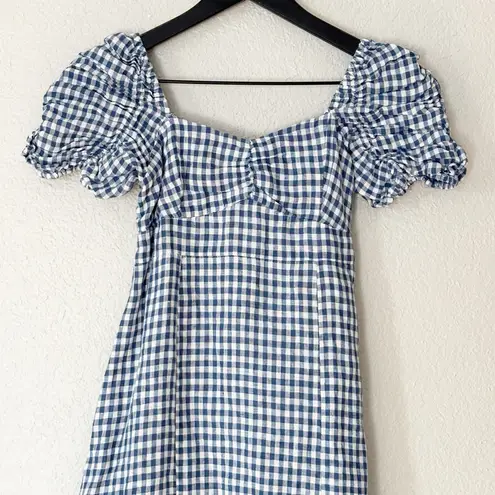 Emerson Fry Midi Dress 100% Linen Gingham Gathered Sleeve Blue Size XXS