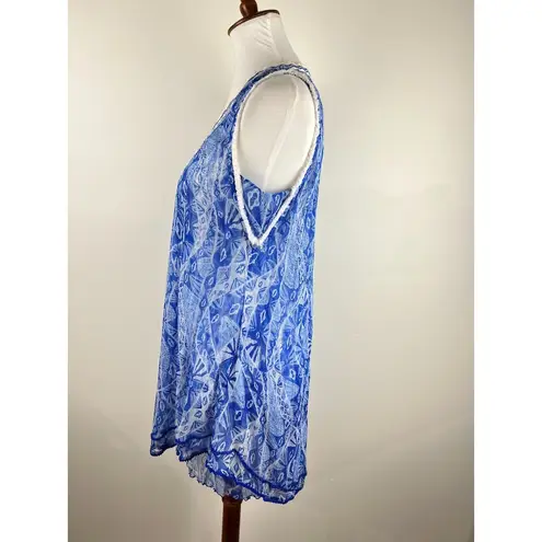 Poupette St Barth 100% Silk Blue Boho Crinkle Tunic Top L Crochet Trim Resort Size L