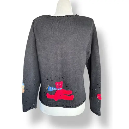 Vintage Susan Bristol Teddy Bear Applique Black Knit Cardigan Sweater Petite Size undefined