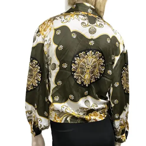 Soho NYC Green/Gold Scarf Print Front Tie Blouse S