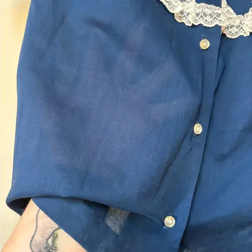 Vintage Handmade Navy Lace Puff Sleeve Blouse – Romantic Cottagecore Medium Blue