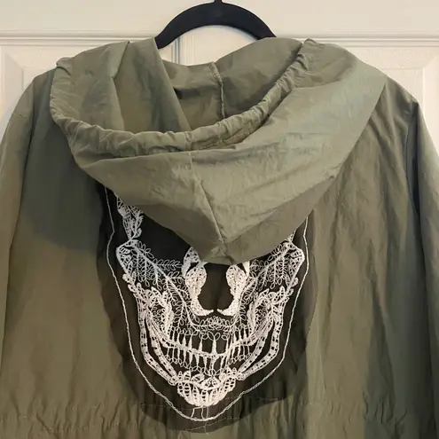 Skull Back Anorak Jacket Olive Green Hooded Drawstring Lace Streetwear Grunge Size L