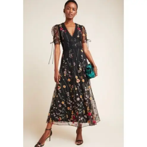 Monique Lhuillier ML Floral Embroidered Mesh Dress EUC