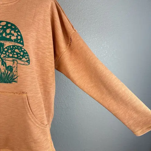 Yak & Yeti Mushroom Print Hoodie Sweatshirt w Pocket Orange Cotton French Terry Size M